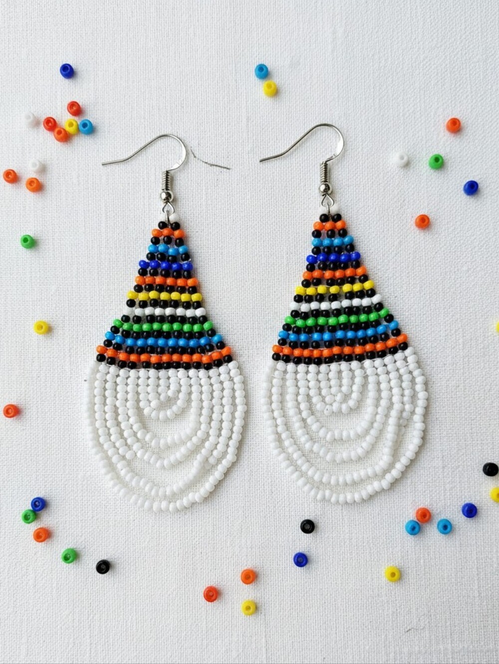 Handmade Multicolor Beaded Fringe Earrings - White Base
